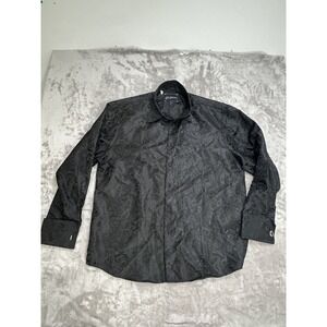 Manzini Shirt Men's Size XL Black Paisley Print Embossed Cuff Links Long Sleeve